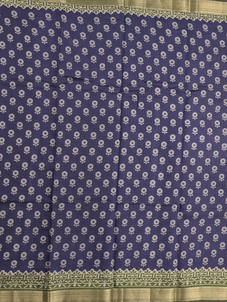 Maheshwari fancy saree navy blue color allover prints & zari border with printed pallu and plain blouse