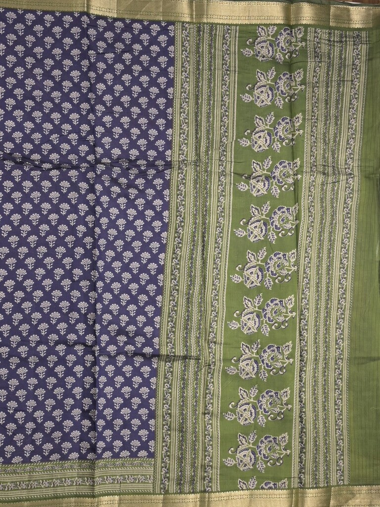 Maheshwari fancy saree navy blue color allover prints & zari border with printed pallu and plain blouse