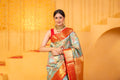 Kanchi tissue pattu bridal saree blue color with allover zari weaves & kanchi border with rich pallu and contrast plain blouse