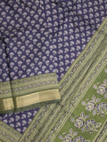 Maheshwari fancy saree navy blue color allover prints & zari border with printed pallu and plain blouse