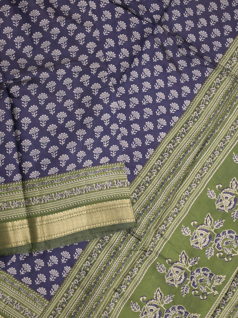 Maheshwari fancy saree navy blue color allover prints & zari border with printed pallu and plain blouse