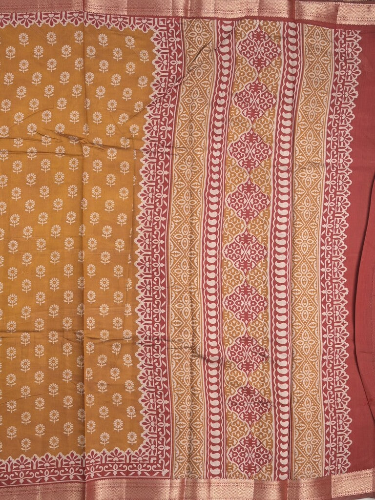 Maheshwari fancy saree mustard yellow color allover prints & zari border with printed pallu and plain blouse