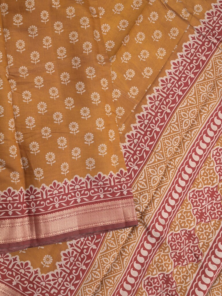Maheshwari fancy saree mustard yellow color allover prints & zari border with printed pallu and plain blouse