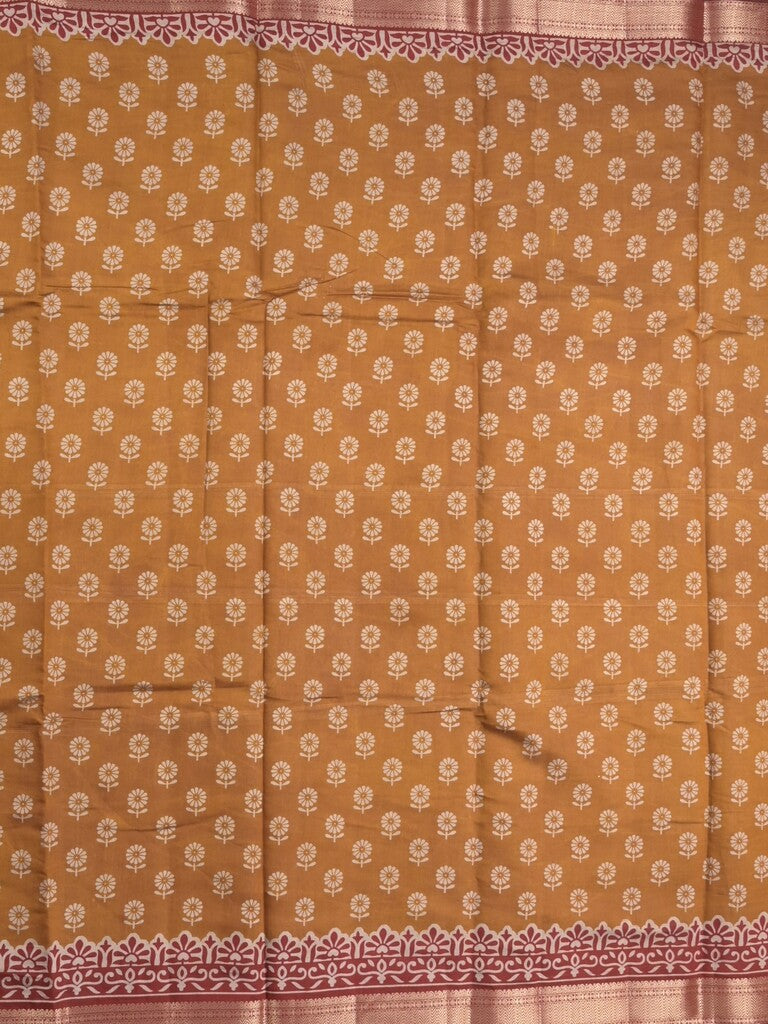 Maheshwari fancy saree mustard yellow color allover prints & zari border with printed pallu and plain blouse