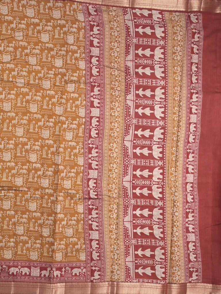 Maheshwari fancy saree mustard yellow color allover prints & zari border with printed pallu and plain blouse