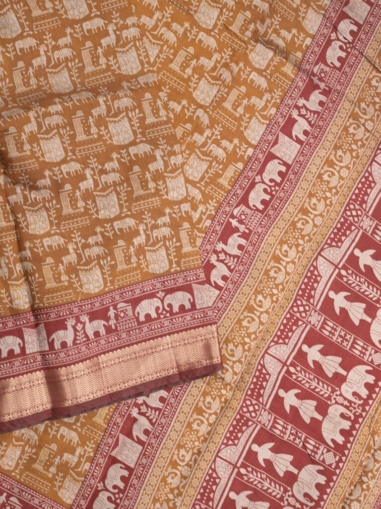 Maheshwari fancy saree mustard yellow color allover prints & zari border with printed pallu and plain blouse