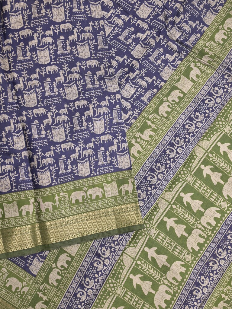 Maheshwari fancy saree navy blue color allover prints & zari border with printed pallu and plain blouse