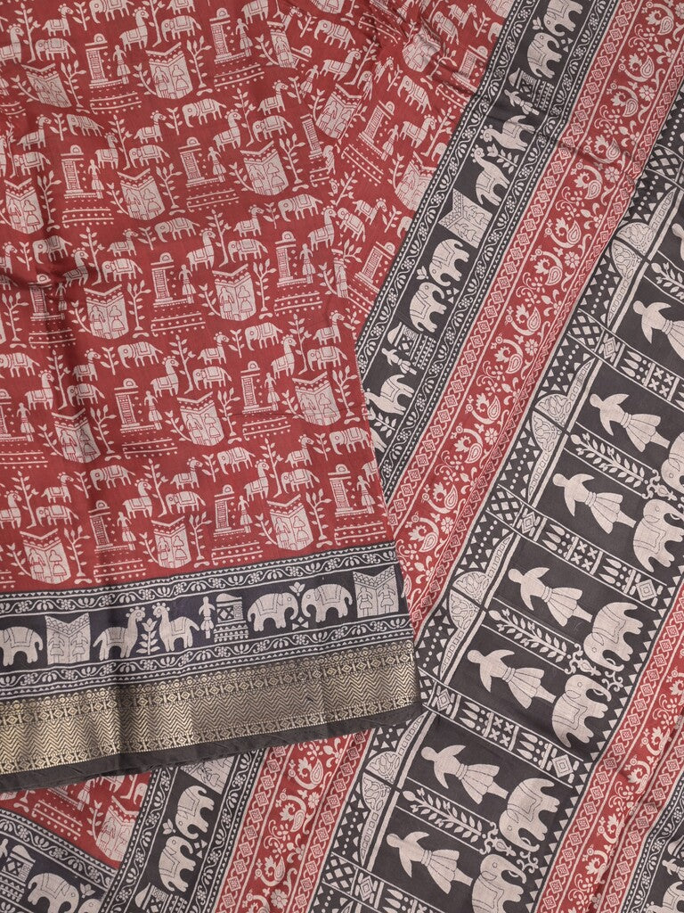 Maheshwari fancy saree maroon color allover prints & zari border with printed pallu and plain blouse