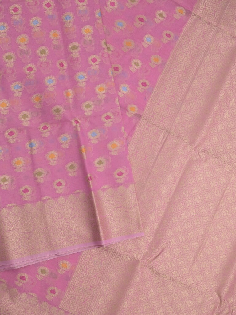 Chanderi fancy saree pink color allover weaves & zari border with short pallu and brocade blouse