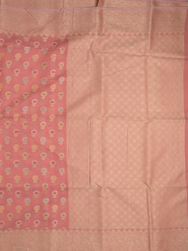 Chanderi fancy saree coral pink color allover weaves & zari border with short pallu and brocade blouse