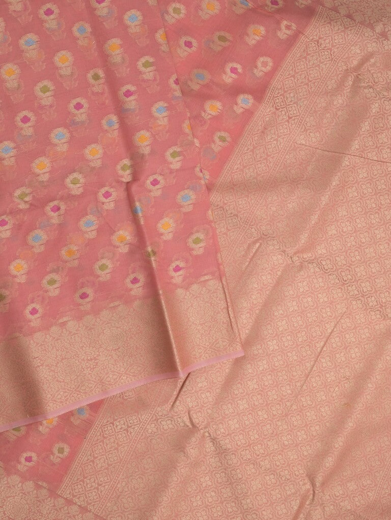 Chanderi fancy saree coral pink color allover weaves & zari border with short pallu and brocade blouse