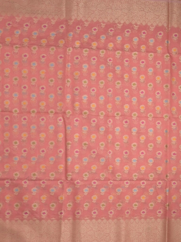 Chanderi fancy saree coral pink color allover weaves & zari border with short pallu and brocade blouse