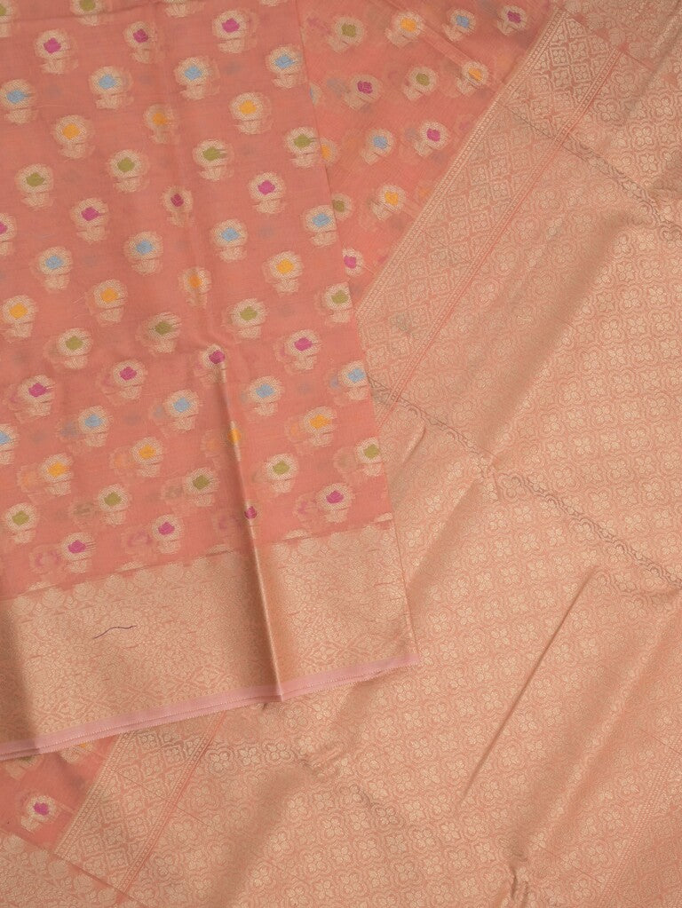 Chanderi fancy saree orange color allover weaves & zari border with short pallu and brocade blouse