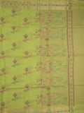Chanderi fancy saree parrot green color allover weaves & zari border with short pallu and attached self blouse