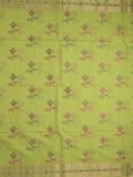 Chanderi fancy saree parrot green color allover weaves & zari border with short pallu and attached self blouse