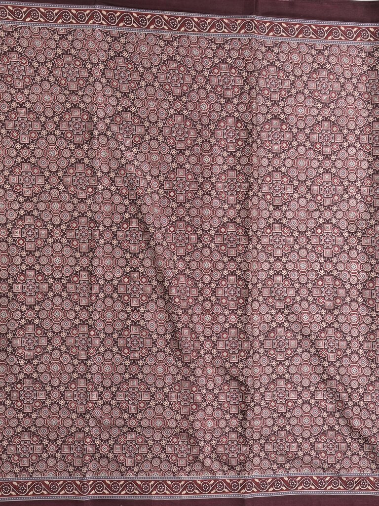 Tussar fancy printed saree with printed border and attached contrast blouse