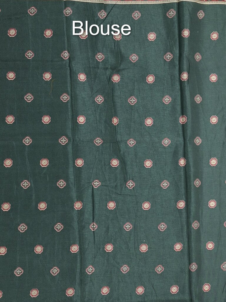 Tussar fancy printed saree with printed border and attached contrast blouse