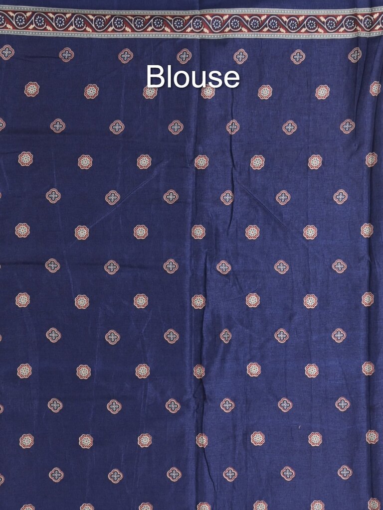 Tussar fancy printed saree with printed border and attached contrast blouse