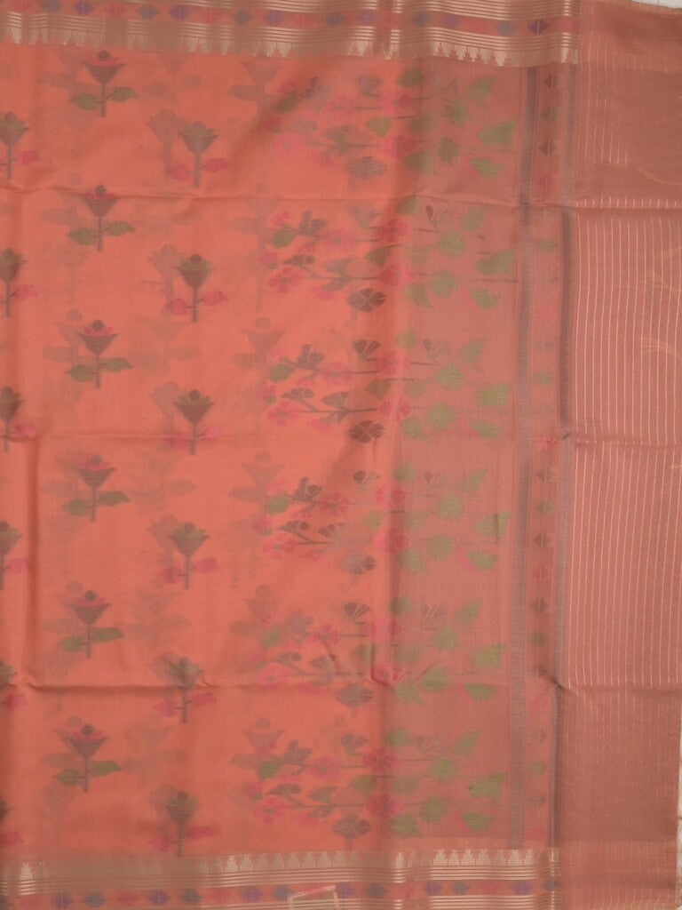 Chanderi fancy saree peach color allover weaves & zari border with short pallu and attached self blouse