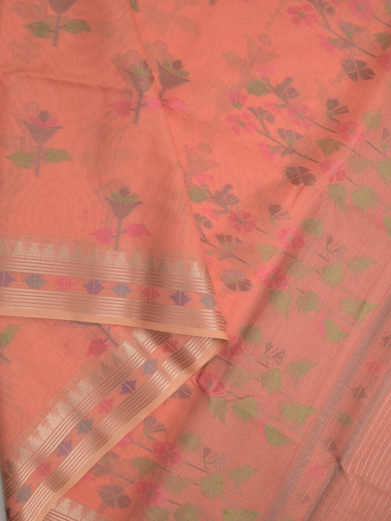 Chanderi fancy saree peach color allover weaves & zari border with short pallu and attached self blouse