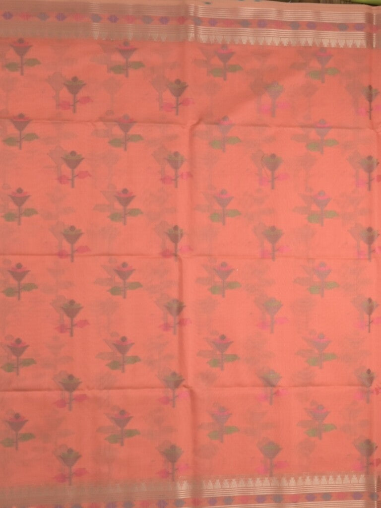 Chanderi fancy saree peach color allover weaves & zari border with short pallu and attached self blouse