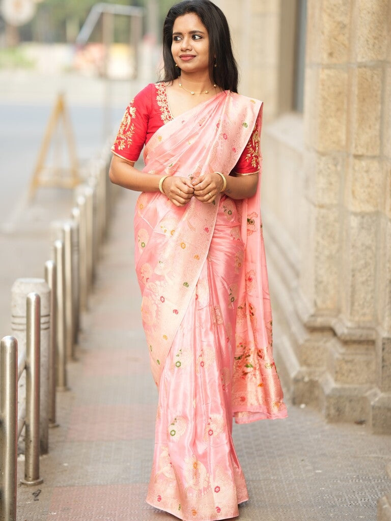 Tabby silk fancy saree light pink color allover zari weaves & zari border with zari pallu and attached plain blouse