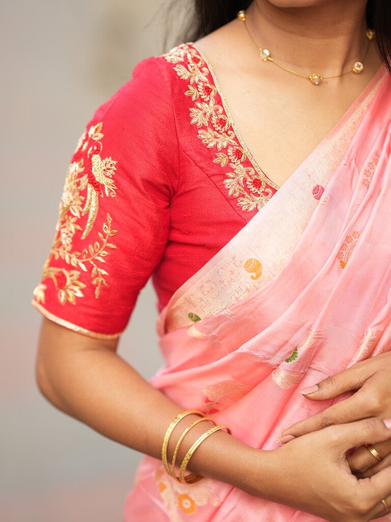 Tabby silk fancy saree light pink color allover zari weaves & zari border with zari pallu and attached plain blouse