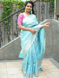 Banaras fancy saree sea blue color allover zari weaves & zari border with rich pallu and plain blouse