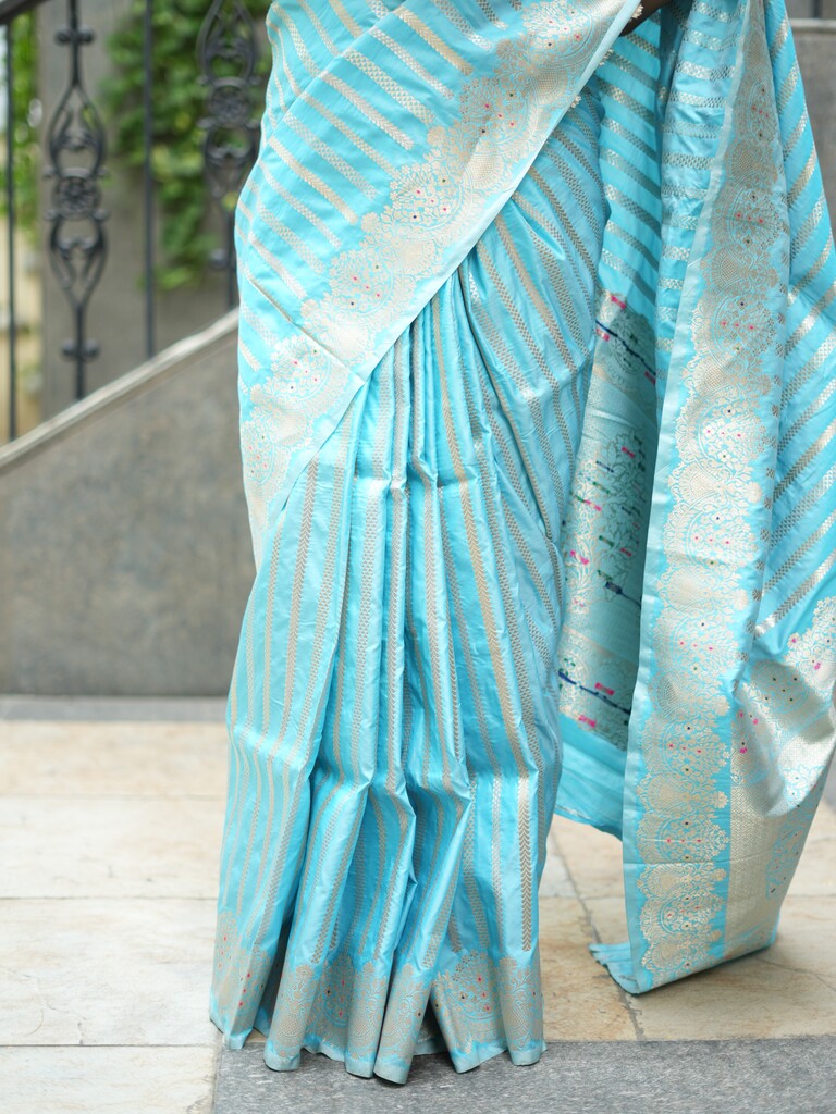 Banaras fancy saree sea blue color allover zari weaves & zari border with rich pallu and plain blouse