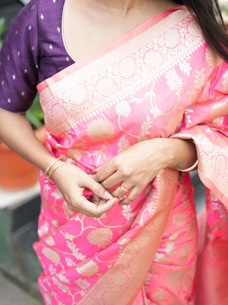 Banaras fancy saree coral pink color allover zari weaves & zari border with rich pallu and plain blouse