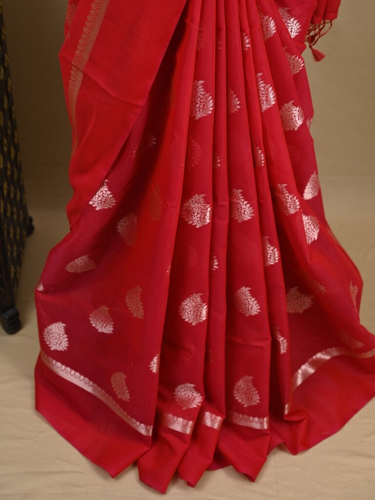 Chanderi fancy saree red color allover zari motifs and zari border with brocade pallu and blouse