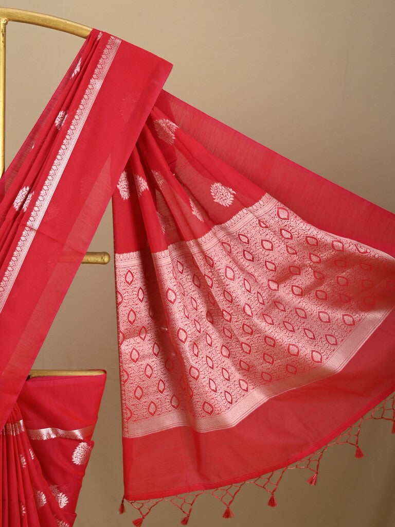 Chanderi fancy saree red color allover zari motifs and zari border with brocade pallu and blouse