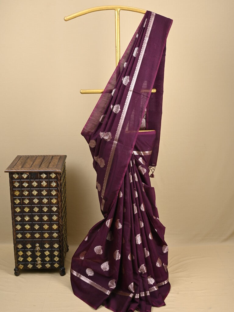 Chanderi fancy saree dark wine color allover zari motifs and zari border with brocade pallu and blouse