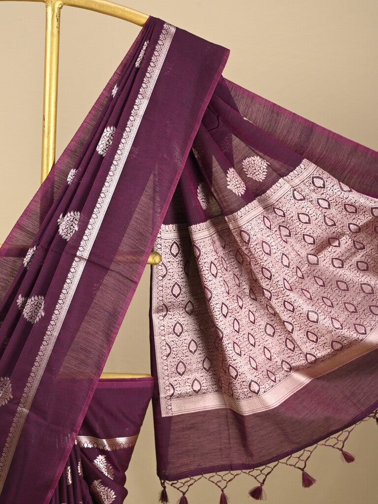 Chanderi fancy saree dark wine color allover zari motifs and zari border with brocade pallu and blouse