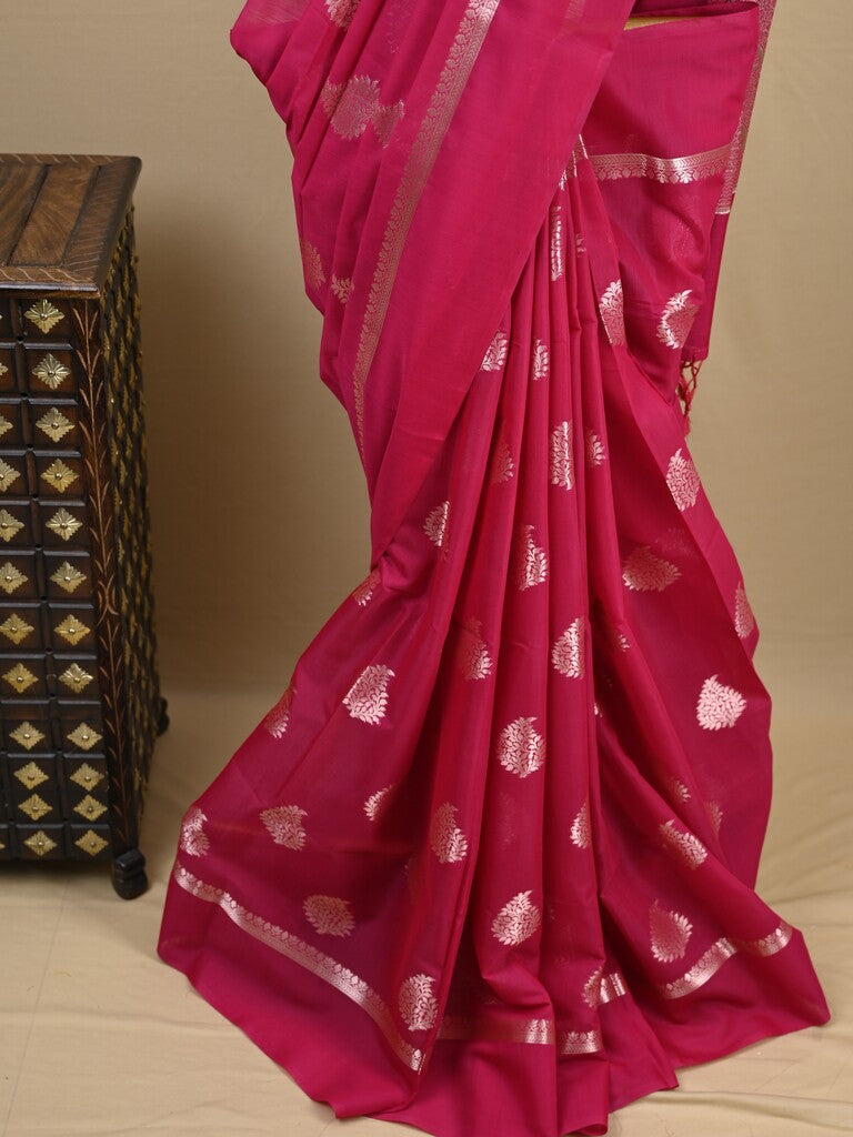 Chanderi fancy saree pink color allover zari motifs and zari border with brocade pallu and blouse