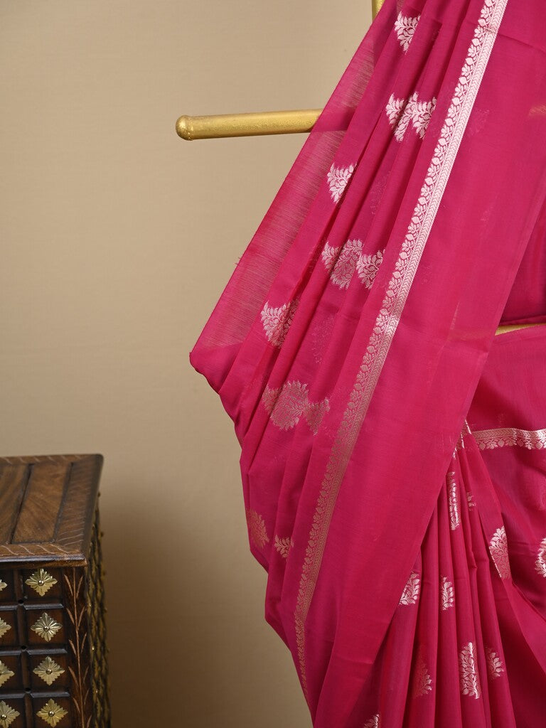 Chanderi fancy saree pink color allover zari motifs and zari border with brocade pallu and blouse
