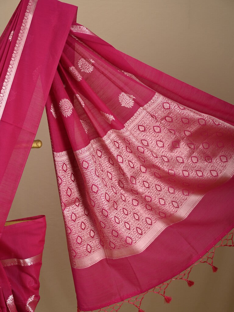 Chanderi fancy saree pink color allover zari motifs and zari border with brocade pallu and blouse