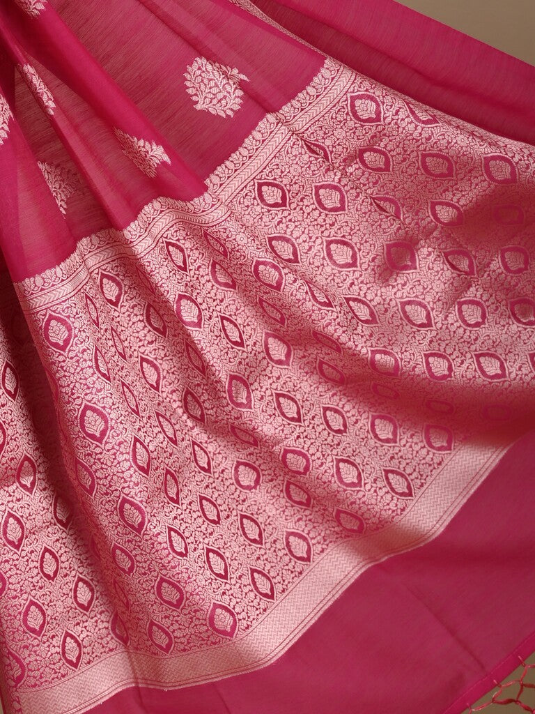 Chanderi fancy saree pink color allover zari motifs and zari border with brocade pallu and blouse