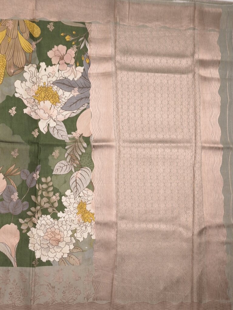 Jute tussar printed fancy saree for women | Green | Party wear | Zari border