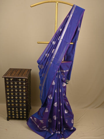 Chanderi fancy saree royal blue color allover zari motifs and zari border with brocade pallu and blouse