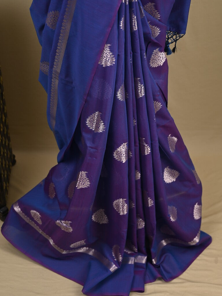 Chanderi fancy saree royal blue color allover zari motifs and zari border with brocade pallu and blouse