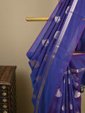 Chanderi fancy saree royal blue color allover zari motifs and zari border with brocade pallu and blouse