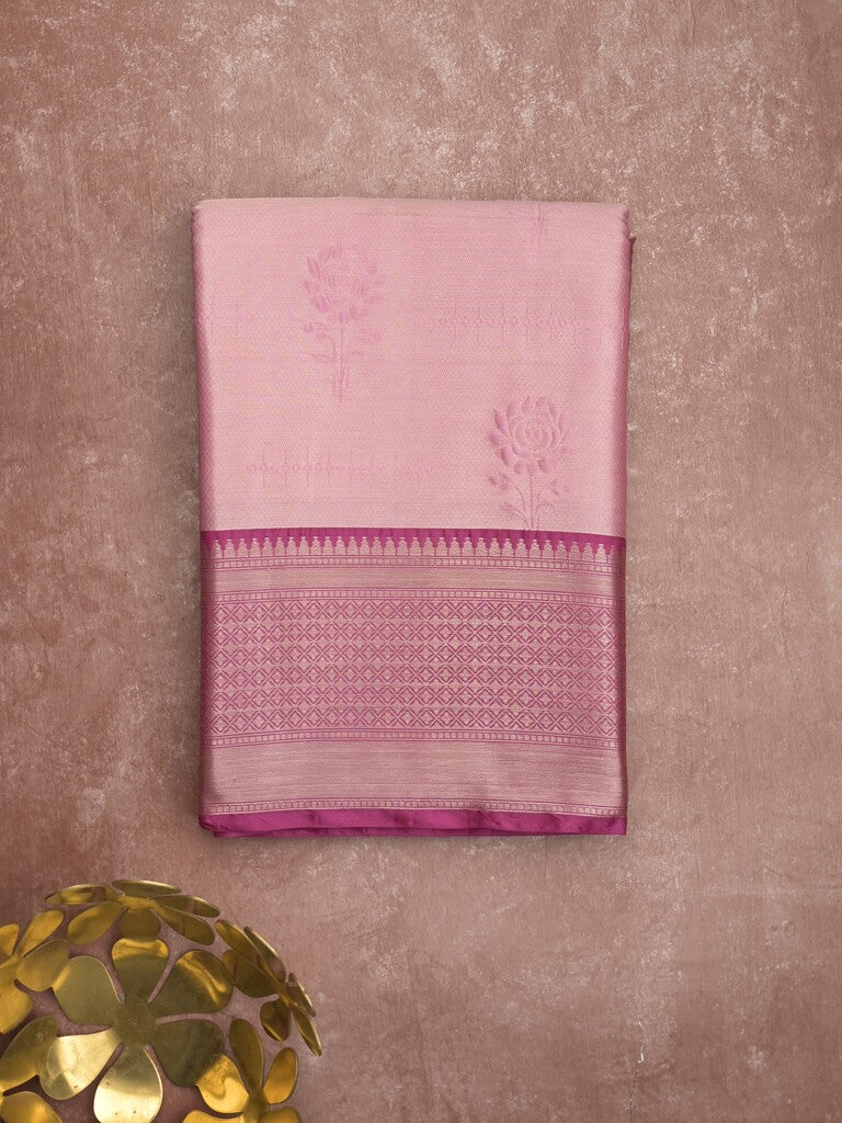 Banaras tissue fancy saree baby pink color allover weaves & zari border with running pallu and self blouse