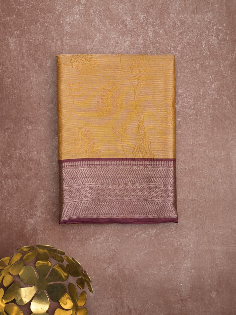 Banaras tissue fancy saree light orange color allover weaves & zari border with running pallu and self blouse