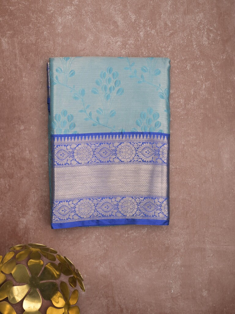 Banaras tissue fancy saree sky blue color allover weaves & zari border with running pallu and self blouse