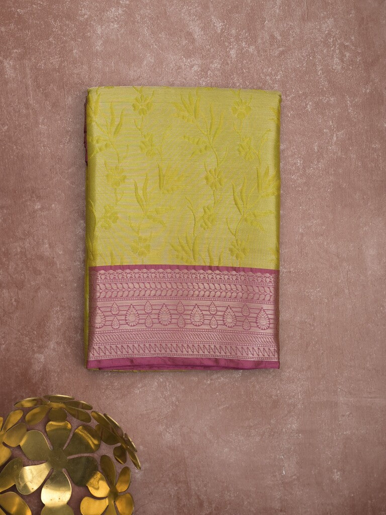 Banaras tissue fancy saree greenish yellow color allover weaves & zari border with running pallu and self blouse