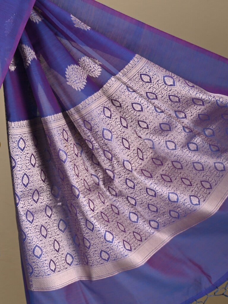 Chanderi fancy saree royal blue color allover zari motifs and zari border with brocade pallu and blouse