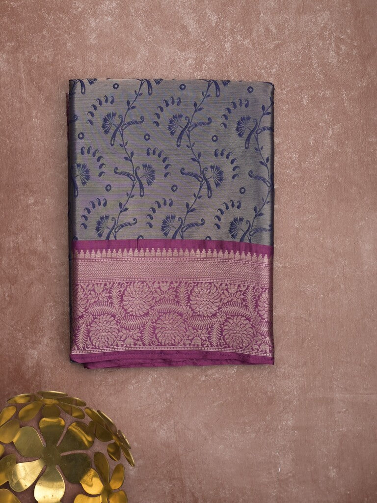Banaras tissue fancy saree navy blue color allover weaves & zari border with running pallu and self blouse