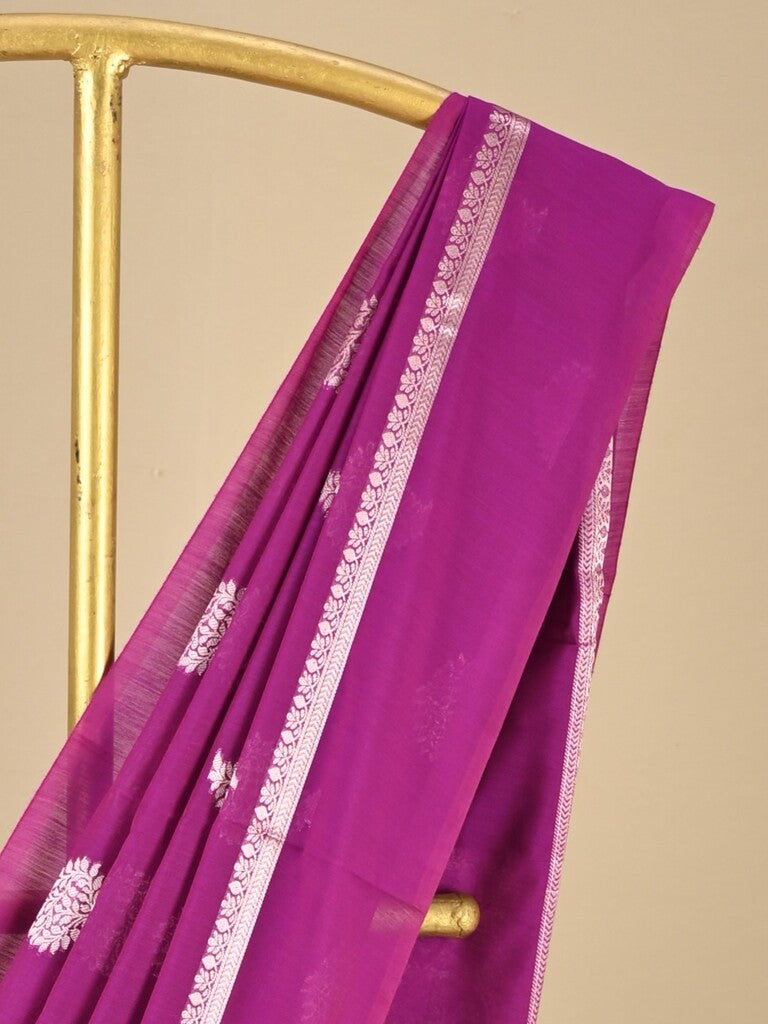Chanderi fancy saree magenta color allover zari motifs and zari border with brocade pallu and blouse