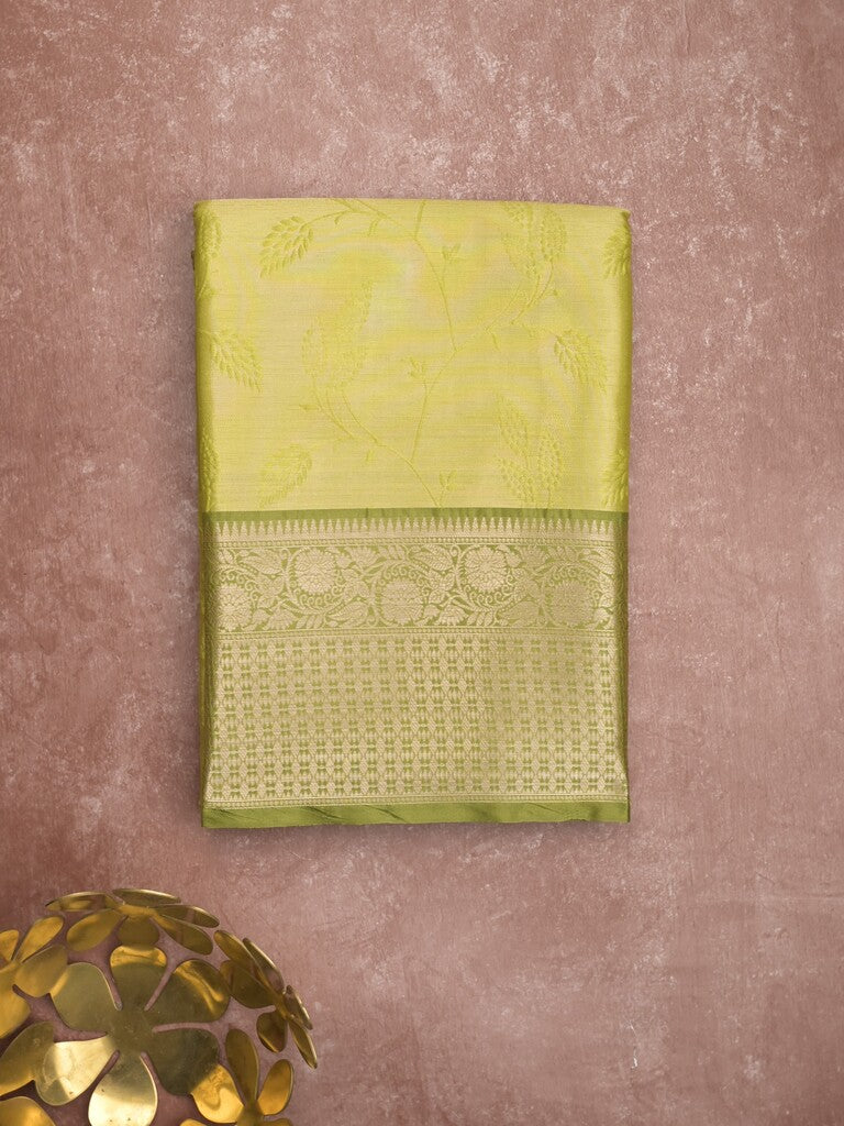 Banaras tissue fancy saree light yellow color allover weaves & zari border with running pallu and self blouse